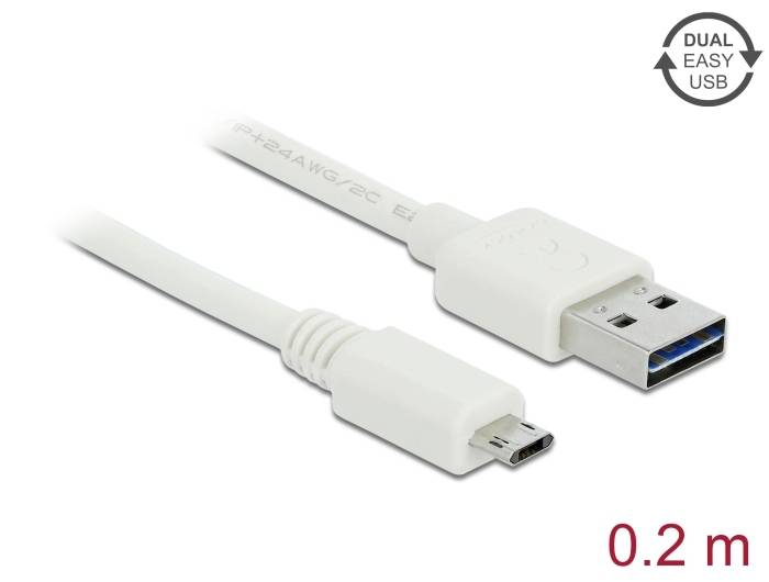 Ein weißes USB-Kabel mit einem Micro-USB-Anschluss auf der einen Seite und einem USB-A-Stecker auf der anderen. Länge: 0,2 m.