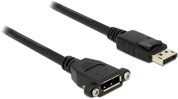 Ein schwarzes DisplayPort-Kabel mit Stecker und Buchse, geeignet für digitale Video- und Audioverbindungen zwischen Geräten.