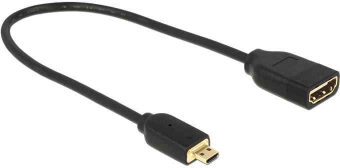 Ein schwarzes HDMI-auf-Micro-HDMI-Kabeladapter, das eine Verbindung zwischen einem HDMI-Anschluss und einem Micro-HDMI-Anschluss ermöglicht.
