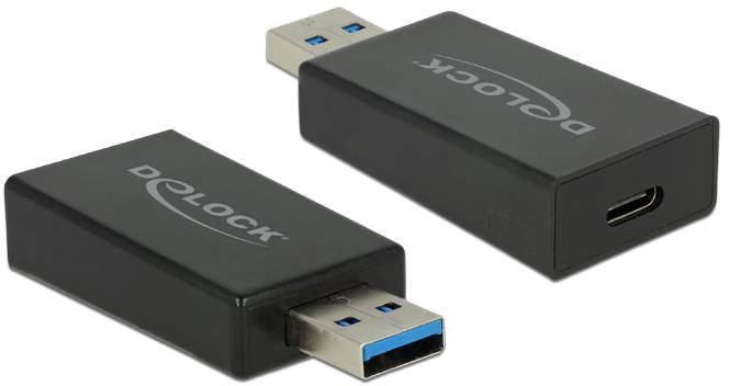 Zwei schwarze USB-Adapter der Marke Delock, einer mit USB-Anschluss, der andere mit USB-C-Anschluss, vor weißem Hintergrund.