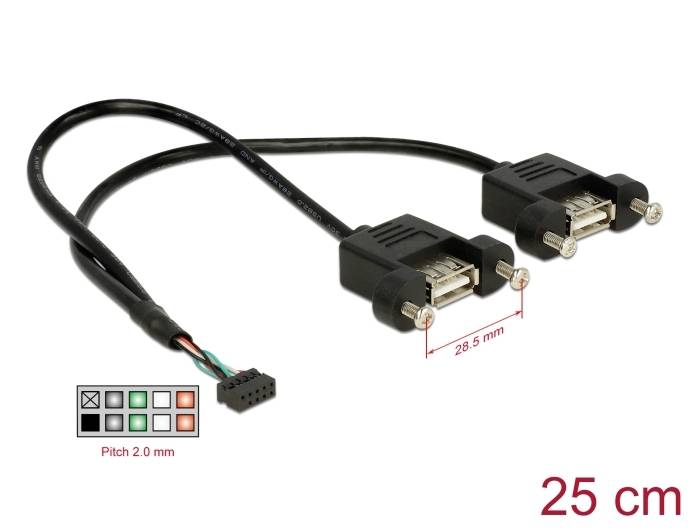 Zwei schwarze D-Sub-Kabel mit Schrauben, verbunden durch einen Adapter. Länge: 25 cm. Anschlüsse: Pitch 2,0 mm, 28,5 mm breit.