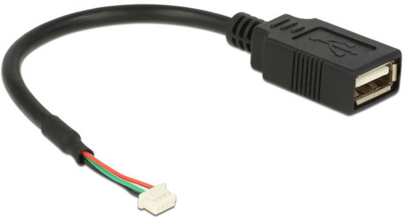 Schwarzes USB-Adapterkabel mit offenliegenden Kabelenden: rot, grün, weiß, schwarz.
