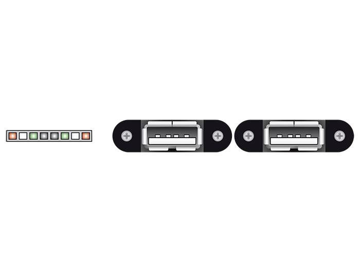 Diagramm zeigt zwei USB-Anschlüsse und eine schematische Draufsicht auf die interne Verdrahtung mit farbcodierten Drähten.