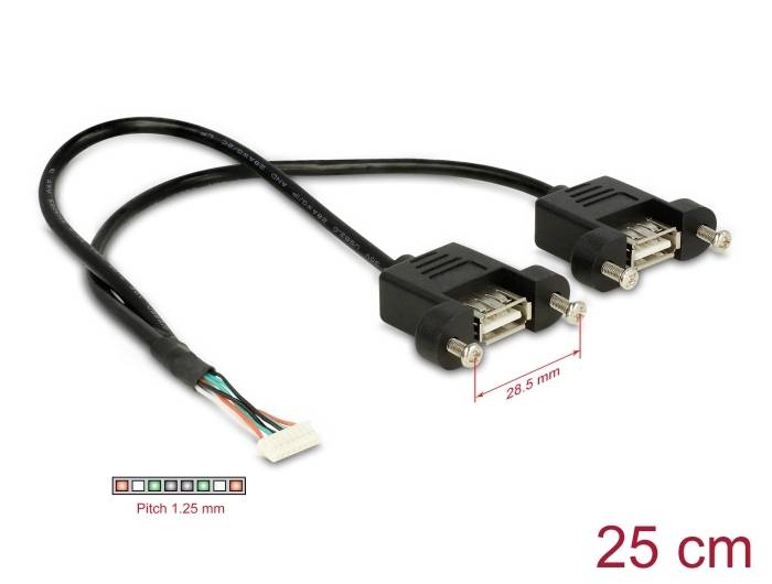 Zwei schwarze Kabel mit Steckern, die 25 cm lang sind, verbinden zwei weiße 8-polige Buchsen. Markierung zeigt 28,5 mm Abstand an.