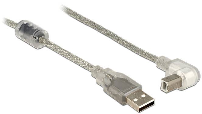 Ein silbernes USB-Kabel mit transparenten Steckern. Links der USB-A-Stecker, rechts der rechteckige USB-B-Stecker in einer 90-Grad-Form.