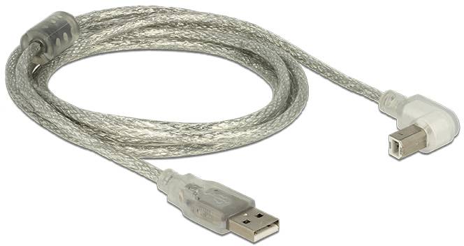 Kabel mit transparentem Kunststoffmantel und USB-A- auf USB-B-Stecker, geeignet für den Anschluss von Druckern oder Scannern.