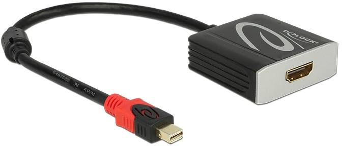 HDMI-Adapterkabel mit schwarzer Box und rotem Anschluss, verwendet zum Verbinden von Mini DisplayPort zu HDMI-Geräten.