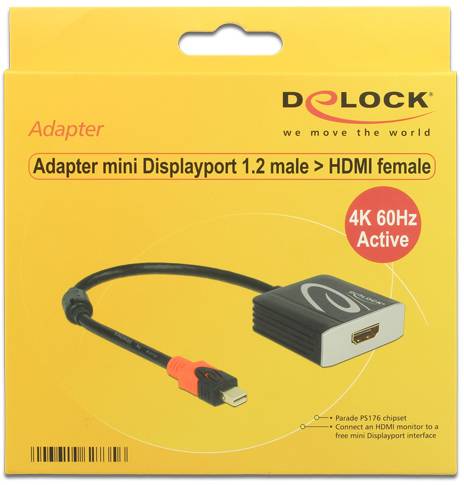 Gelbe Verpackung eines Delock Adapters: Mini DisplayPort 1.2 Stecker zu HDMI Buchse, 4K 60Hz, aktiv. Adapterkabel abgebildet.