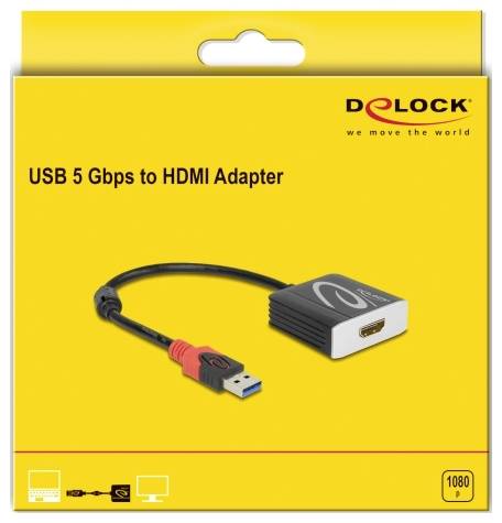 Gelb-orangefarbene Verpackung eines USB 5 Gbps zu HDMI Adapters der Marke Delock. Adapter und Kabel sind abgebildet.
