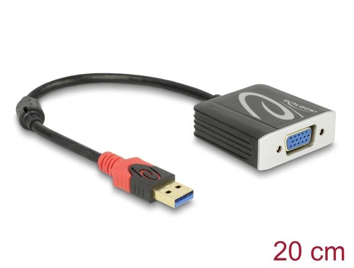 Ein schwarzes USB-zu-VGA-Adapterkabel, 20 cm lang, mit rotem und blauem USB-Stecker und grauem Gehäuse für Computeranschlüsse.