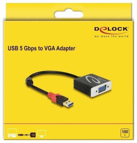 Gelbe Verpackung eines USB 5 Gbps zu VGA Adapters der Marke Delock. Adapterbild auf der Vorderseite, geeignet für 1080p.