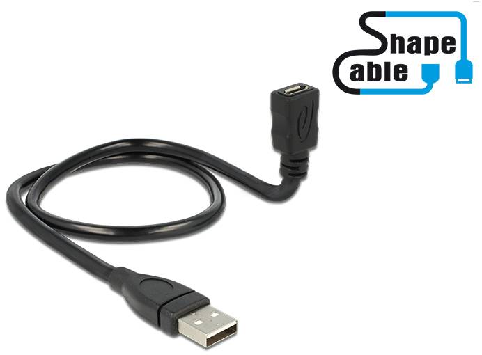 Ein schwarzes USB-Kabel mit L-förmigem Anschluss und flexiblem Design ist abgebildet. Oben rechts ist das Logo 'Shape Cable'.
