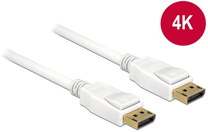 DisplayPort-Kabel in Weiß mit 4K-Unterstützung, zwei Enden im Bild, rote Markierung mit der Aufschrift '4K' rechts oben.