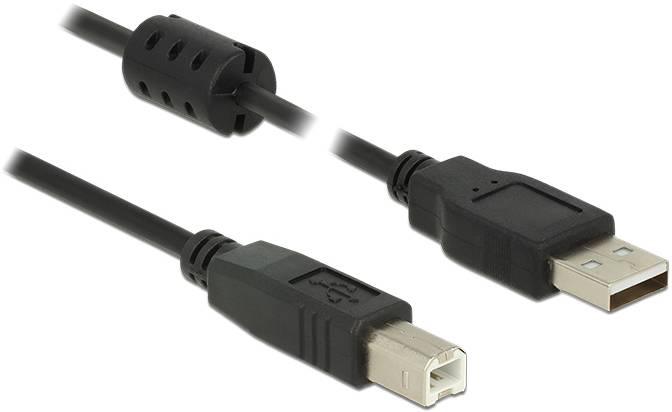 Zwei USB-Kabel, eines mit USB-A- und das andere mit USB-B-Stecker, schwarz, auf weißem Hintergrund.