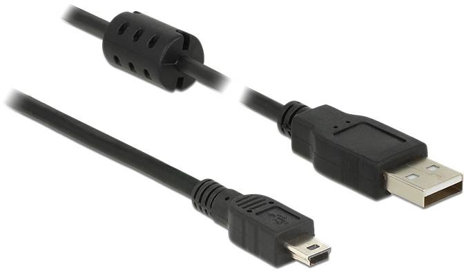 Ein USB-Kabel mit einem USB-A-Stecker auf einer Seite und einem Mini-USB-Stecker auf der anderen, verbunden durch ein schwarzes Kabel.