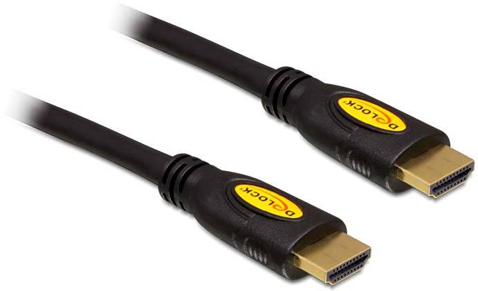 Zwei schwarze HDMI-Kabel mit gelben Logos auf den Steckern, die D-LOCKs zeigen. Sie sind für den Anschluss von Audio- und Videogeräten geeignet.