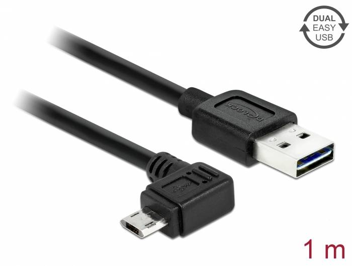 Schwarzes USB-Kabel mit USB-A-Stecker und rechtwinkligem Micro-USB-Stecker, 1 Meter lang.