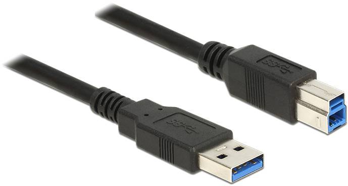 Schwarzes USB-3.0-Kabel mit zwei Steckern: links Typ-A und rechts Typ-B, beide mit blauen Innenseiten. Geeignet für Datenübertragung.