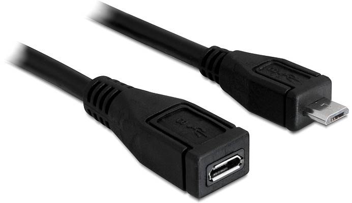 Schwarzes USB-Kabel mit einem männlichen und einem weiblichen Micro-USB-Anschluss.