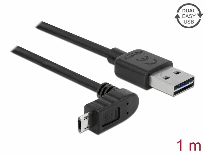 Schwarzes USB-Kabel, 1 Meter, mit Dual Easy USB-Anschlüssen; ein gerader und ein abgewinkelter Micro-USB-Stecker.