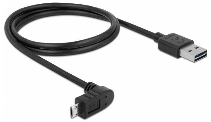 Schwarzes USB 3.0 Kabel mit einem Standard-USB-Anschluss und einem abgewinkelten Micro-USB-Anschluss; geeignet zum Laden und Datenübertragung.