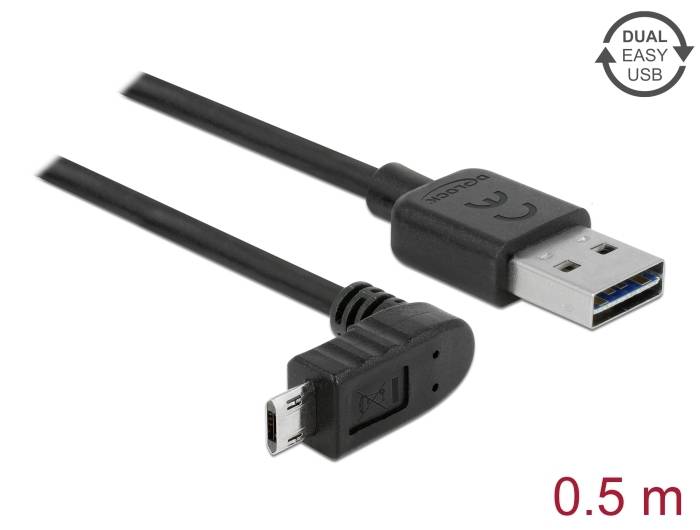 Ein schwarzes USB-Kabel mit Dual Easy USB-Stecker und abgewinkeltem Micro-USB-Stecker, Länge 0,5 m.