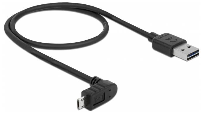 Schwarzes USB-Kabel mit einem Standard-USB-Anschluss am einen Ende und einem abgewinkelten Micro-USB-Anschluss am anderen Ende.