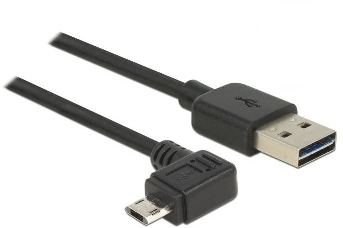 Ein USB-3.0-Kabel mit einem Standard-USB-Stecker auf einer Seite und einem Micro-USB-Stecker auf der anderen, auf weißem Hintergrund.