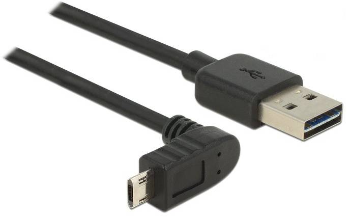Schwarzes USB-3.0-Kabel mit rechtwinkligem Micro-USB-Anschluss und normalem USB-Anschluss, geeignet für Geräteverbindungen.