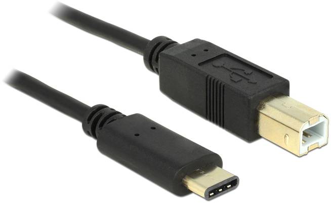 Ein USB Typ-C zu USB Typ-B Kabel zur Verbindung von Geräten, wie Drucker oder Scanner, mit moderneren Computern.