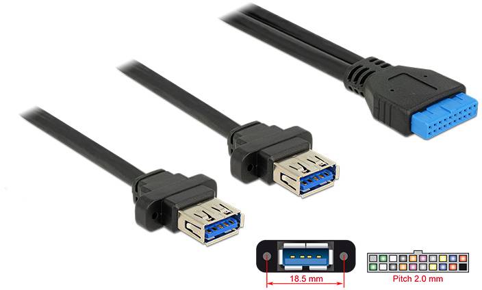 'USB 3.0 Buchse zu 19-poligem Header Adapterkabel' zeigt drei Kabel mit USB 3.0-Anschlüssen und einem blauen Header-Anschluss.