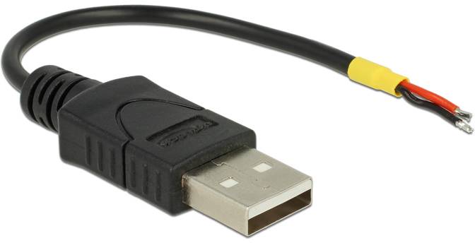 Ein schwarzes USB-Kabel mit einem offenen Ende, das abisolierte rote und schwarze Drähte zeigt. Geeignet für Reparaturen oder Anpassungen.