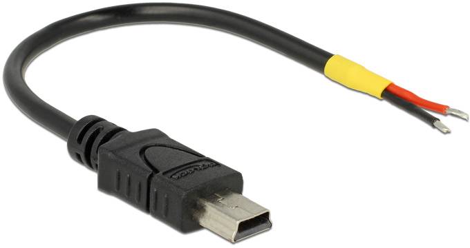 Schwarzes USB-Datenkabel mit offenem Ende, gelbem und rotem Draht. Geeignet für Adapter oder DIY-Projekte.