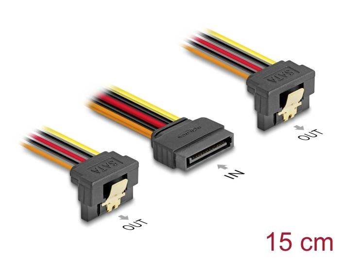 'SATA-Kabel mit Stecker für 'IN' und 'OUT', dreifarbig: rot, gelb, schwarz. Länge 15 cm.'