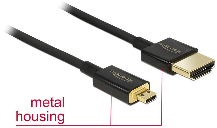 HDMI-Kabel mit metallenen Steckern, links Mini-HDMI, rechts Standard-HDMI. Text: 'metal housing'. Markenname auf beiden Steckern sichtbar.