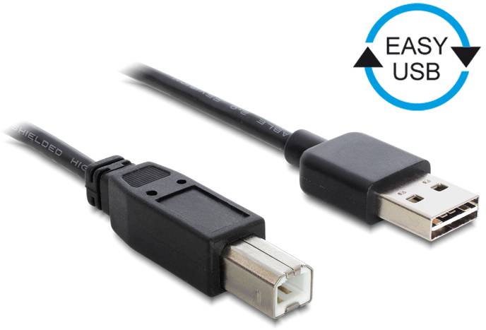 Ein USB-Kabel mit zwei Anschlüssen: links ein quadratischer Anschluss, rechts ein Standard-USB-Anschluss. Rechts oben steht 'EASY USB'.