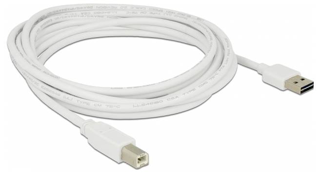 Ein weißes USB-Kabel mit rechteckigem USB-Typ-A-Stecker auf einer Seite und quadratischem USB-Typ-B-Stecker auf der anderen.