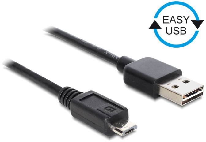 USB-Kabel mit microUSB-Anschluss und Standard-USB-Stecker. Daneben ein Logo mit dem Text 'EASY USB' und einem Doppelpfeil.