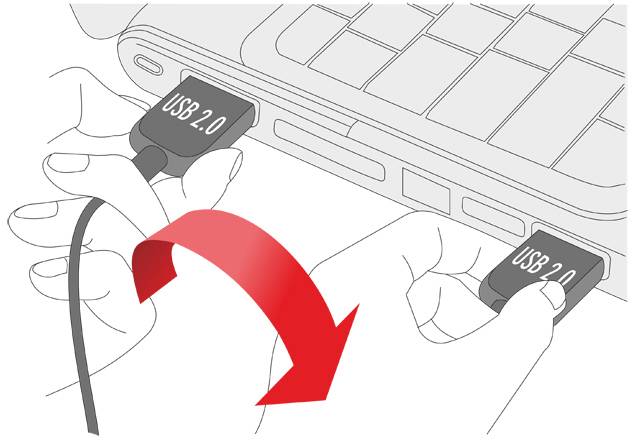 Grafik zeigt eine Person, die einen USB 2.0-Stecker in einen Laptop einsteckt. Roter Pfeil weist auf die korrekte Einsteckrichtung hin.
