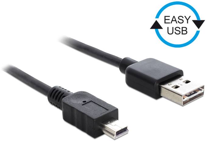 Zwei USB-Kabel mit 'EASY USB' Symbol. Links ein Mini-USB-Stecker, rechts ein Standard-USB-Stecker.