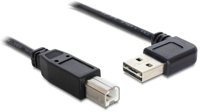 Zwei USB-Kabel in Schwarz, eines mit rechteckigem Anschluss, das andere mit quadratischem Anschluss, beide nebeneinander liegend.