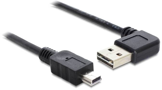 Ein schwarzes USB-2.0-Kabel mit Standard-USB-A-Stecker und Mini-USB-B-Stecker, geeignet für den Anschluss von Geräten an Computer.