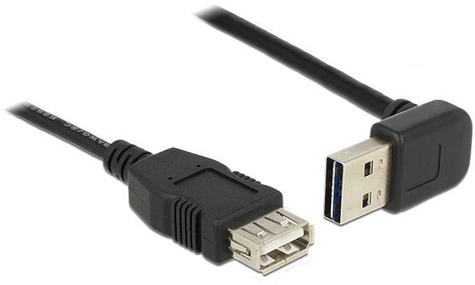 USB-Kabel mit männlichen und weiblichen Steckern, verbunden durch ein kurzes, schwarzes Kabel.