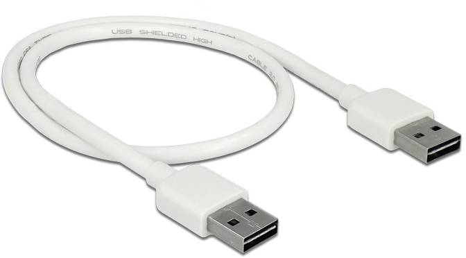Ein weißes USB-Kabel mit zwei USB-Steckern, geeignet zum Verbinden von Geräten für Datenübertragungen oder Aufladung.