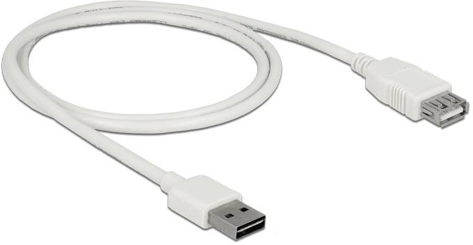Ein weißes USB-Verlängerungskabel mit männlichem und weiblichem Anschluss, auf einer weißen Oberfläche liegend.