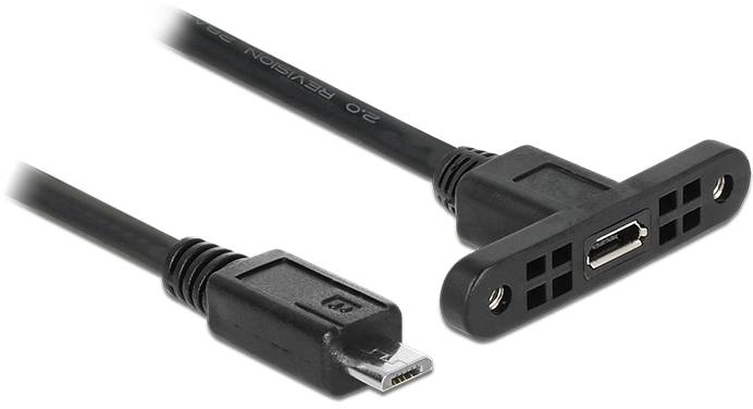 Micro-USB-Verlängerungskabel mit rechter Winkelplatte und Schraubenlöchern für feste Installation, schwarze Farbe.