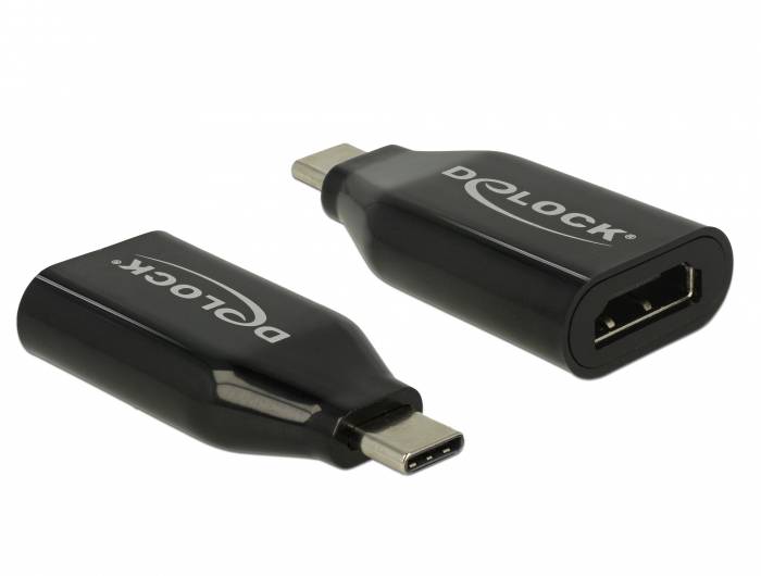 USB-C-zu-DisplayPort-Adapter aus schwarzem Kunststoff mit silbernem 'Delock'-Logo, ermöglicht Video- und Audioübertragung von Geräten auf Monitore.