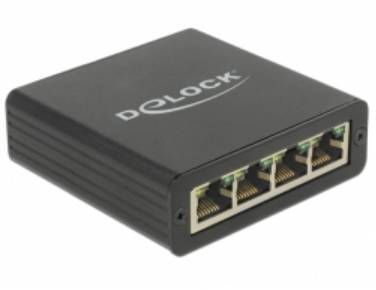 Ein schwarzer Ethernet-Switch von Delock mit vier LAN-Ports.