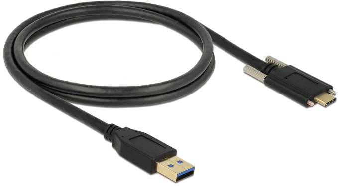 Ein schwarzes USB-Kabel mit einem USB-A-Stecker und einem USB-C-Stecker, geeignet für Datenübertragung und Laden von Geräten.