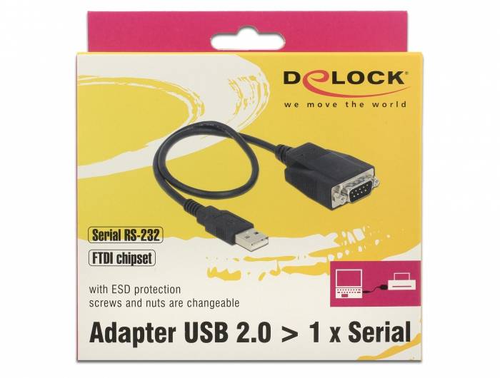 'USB 2.0 auf 1x Seriell Adapter von Delock mit Serial RS-232 und FTDI-Chipsatz, ESD-Schutz und auswechselbaren Schrauben' auf gelb-rosa Verpackung.